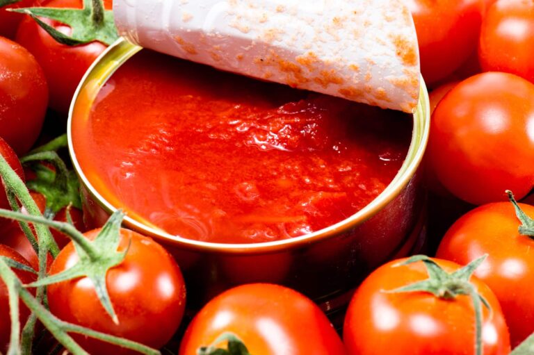 Etichetta di passata di pomodoro con scritta minuscola che evidenzia ingredienti e qualità.