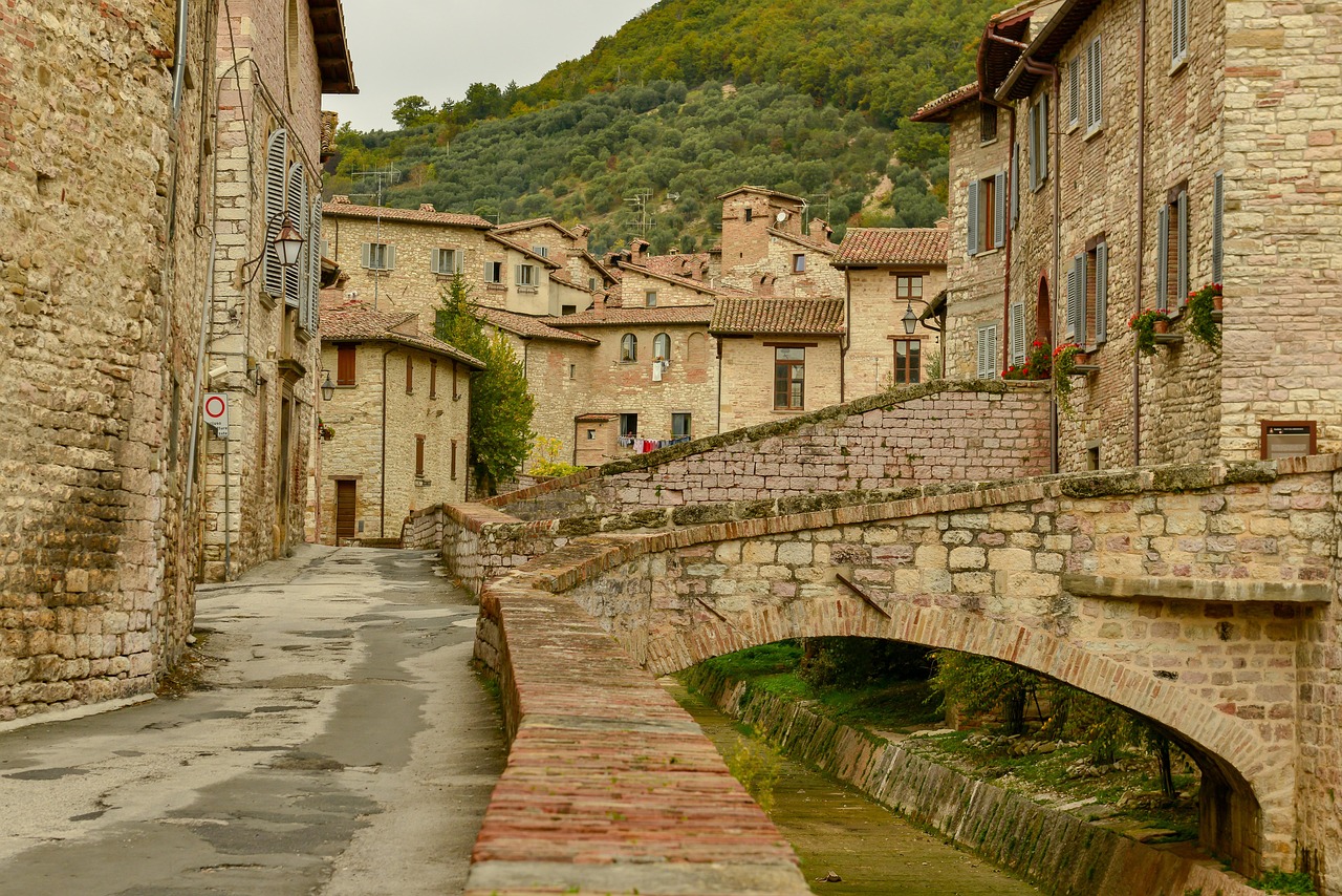Panorama di un pittoresco paese dell'Emilia Romagna, con case colorate e strade acciottolate.